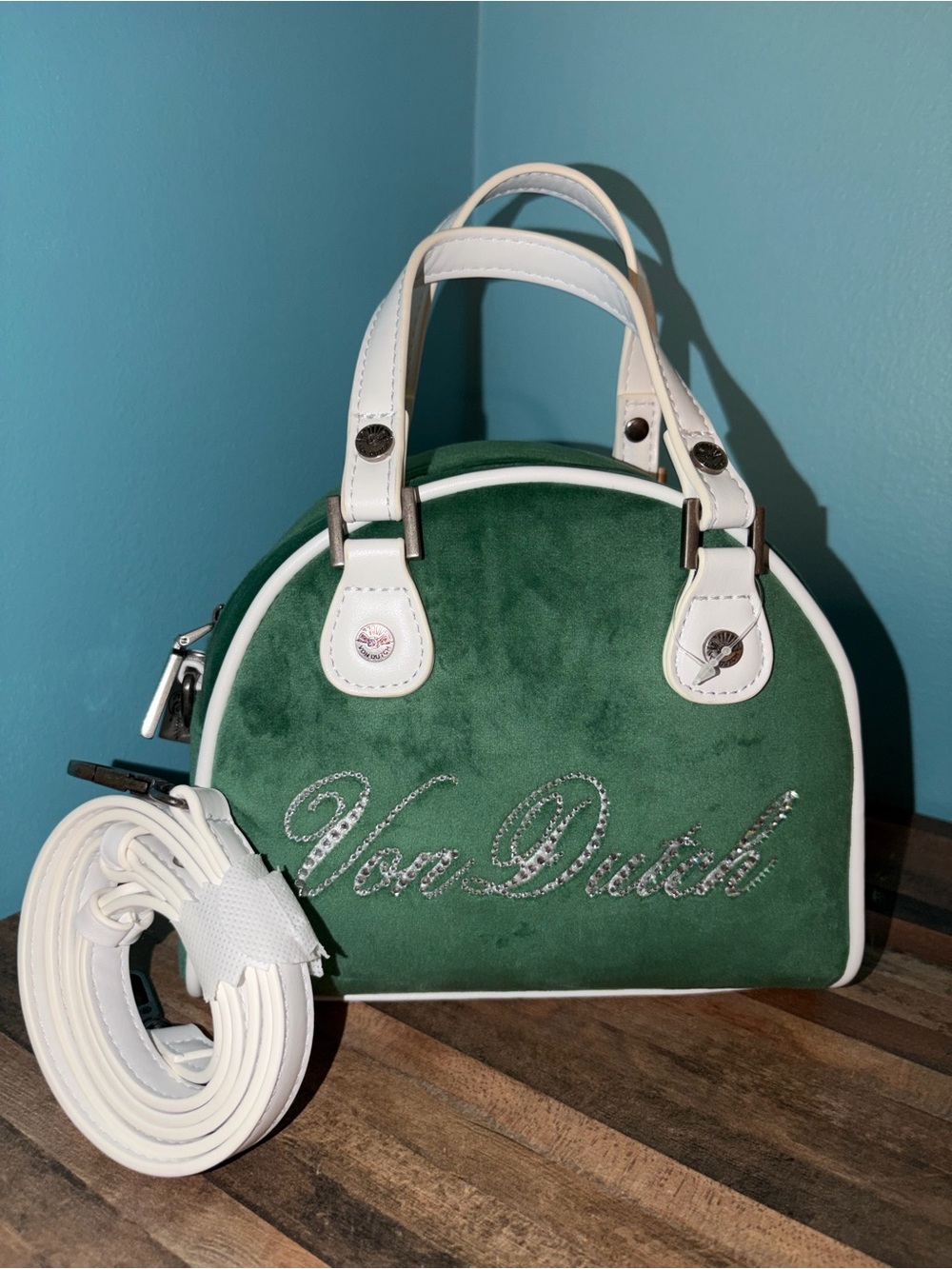 Von Dutch Green and White Velvet Bowling Bag (purse). NWOT